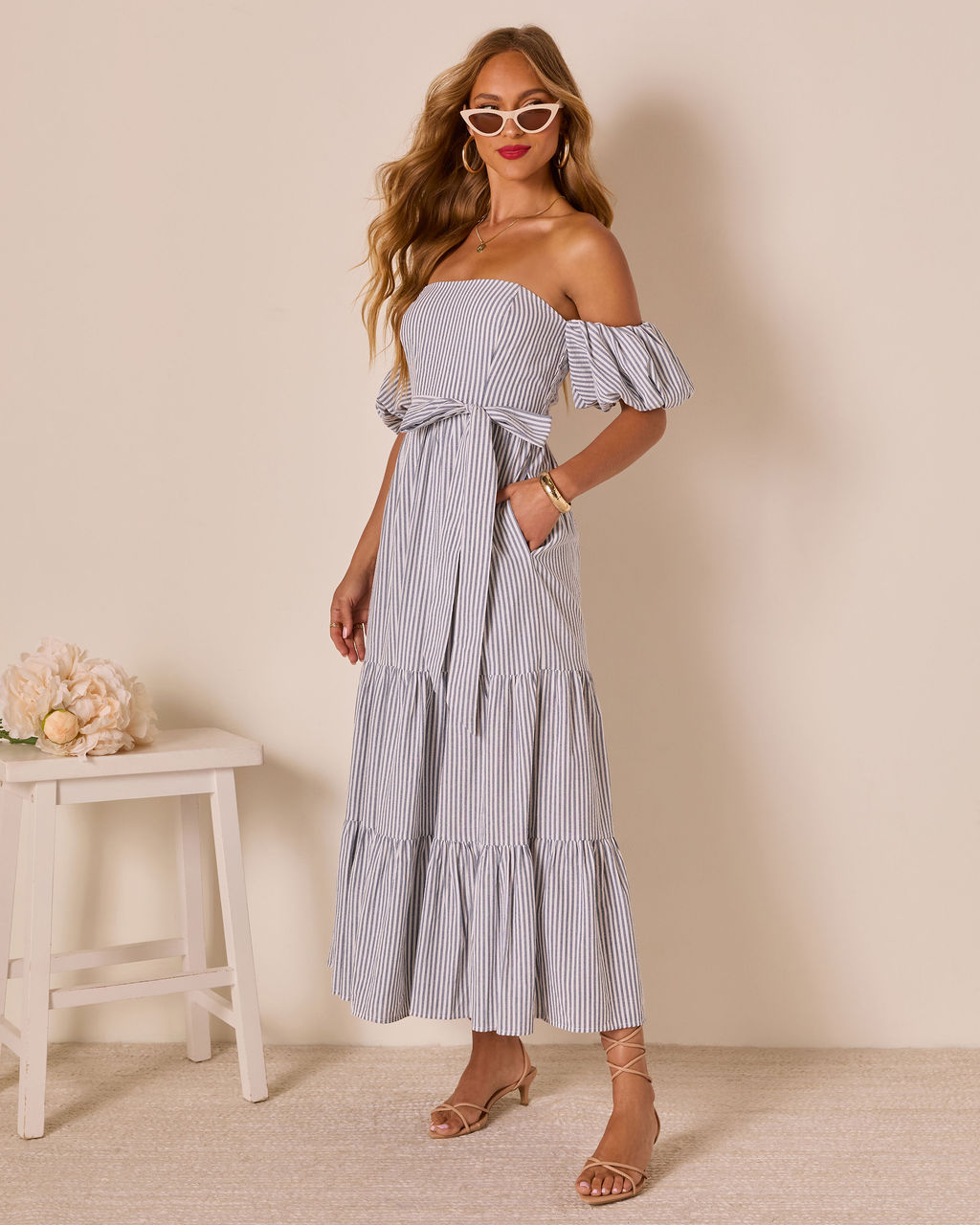 Annah Striped Off The Shoulder Maxi Dress