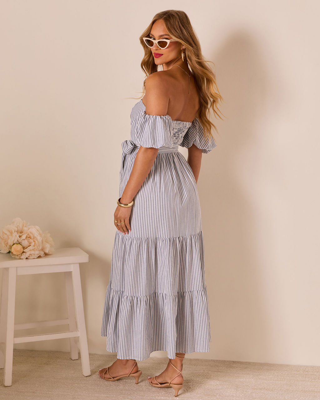 Annah Striped Off The Shoulder Maxi Dress