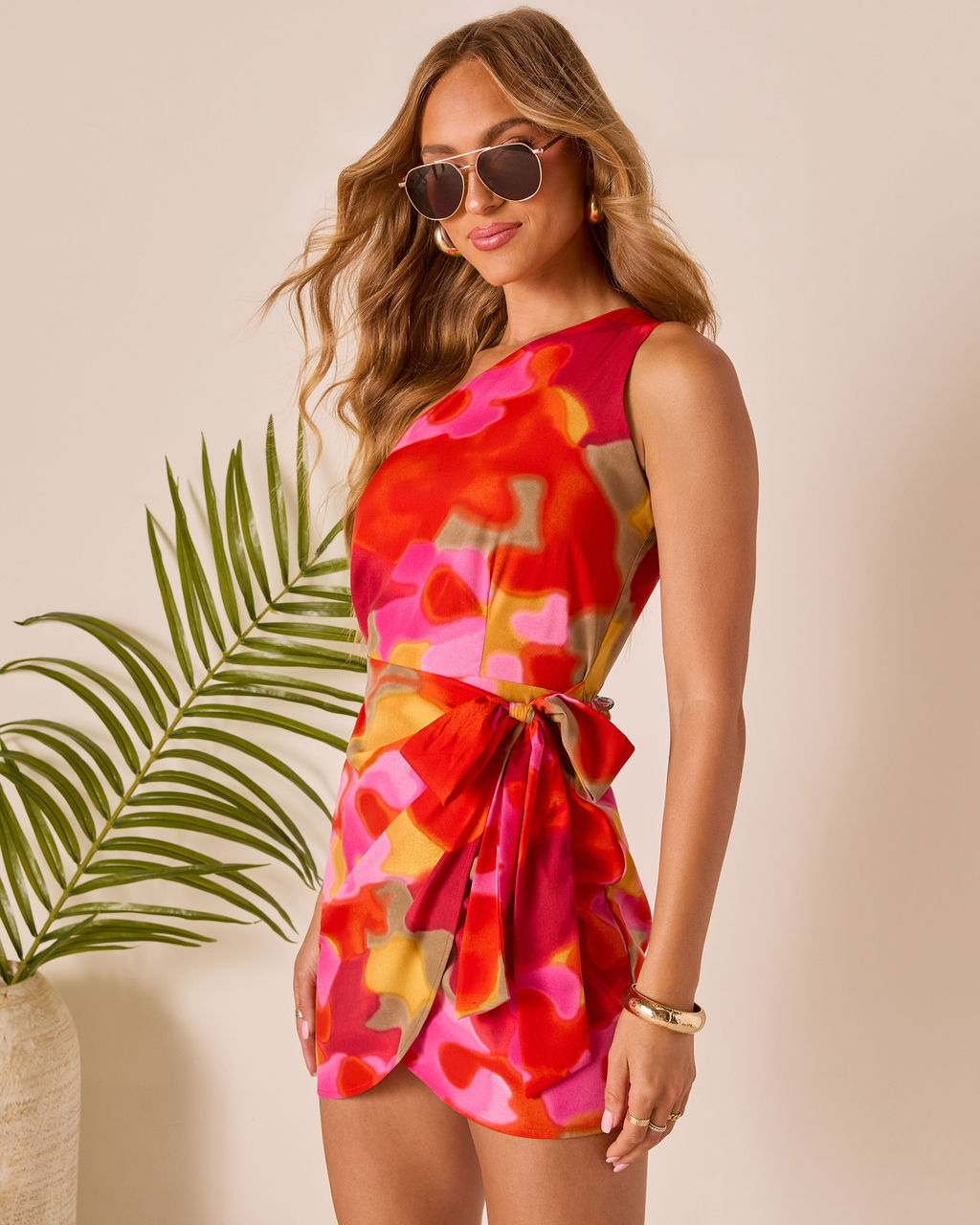 Tropic Kiss One Shoulder Wrap Mini Dress